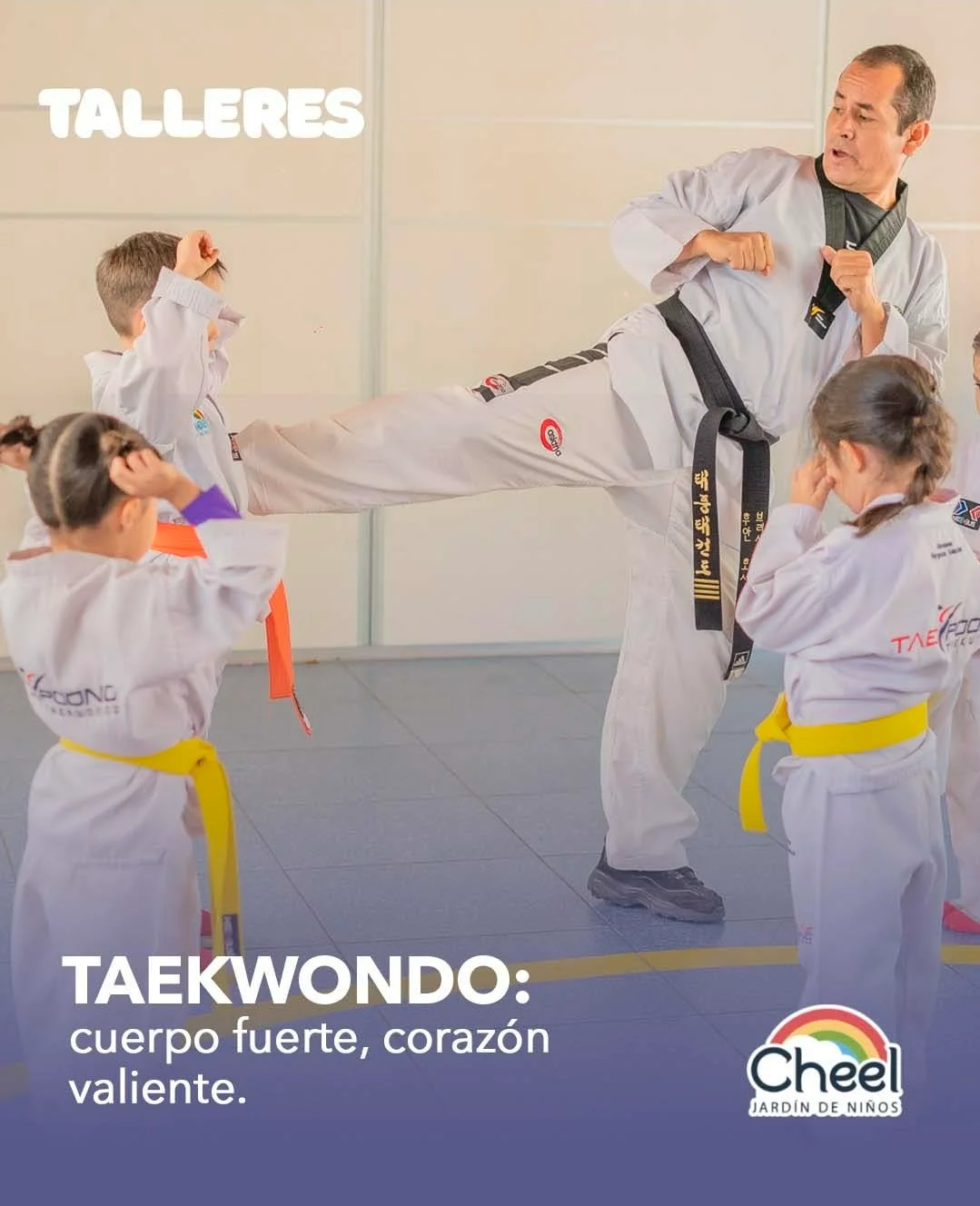Clase de taekwondo y educación física en Kínder Cheel con Profesor Juan
